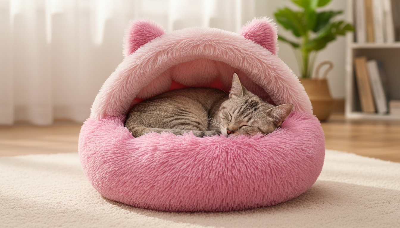 Soft Pink Plush Pet Bed Featuring Fluffy Interior and Cute Ears - Image 5