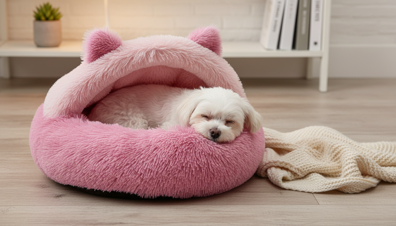 Soft Pink Plush Pet Bed Featuring Fluffy Interior and Cute Ears - Image 6