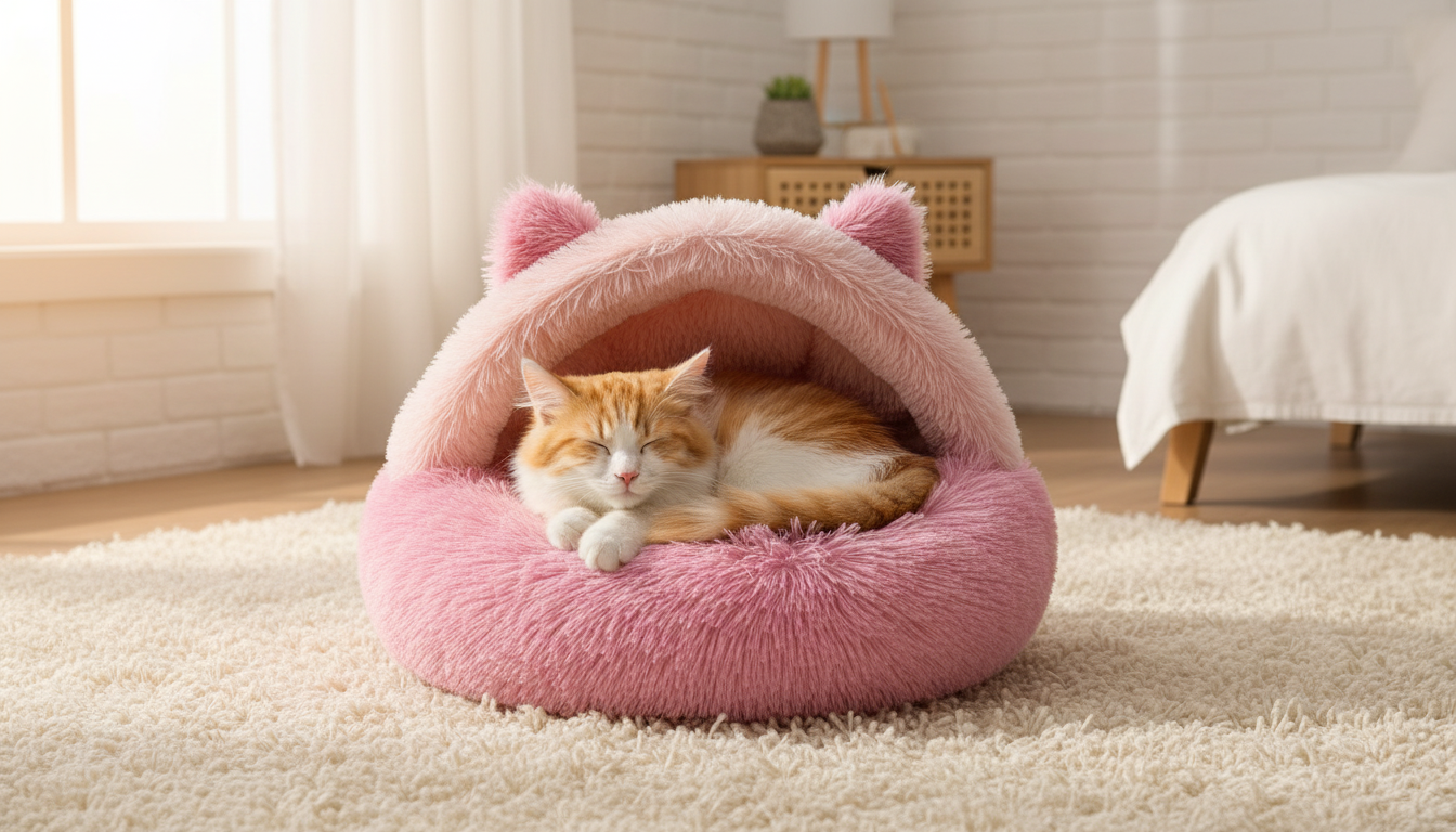 Soft Pink Plush Pet Bed Featuring Fluffy Interior and Cute Ears - Image 7