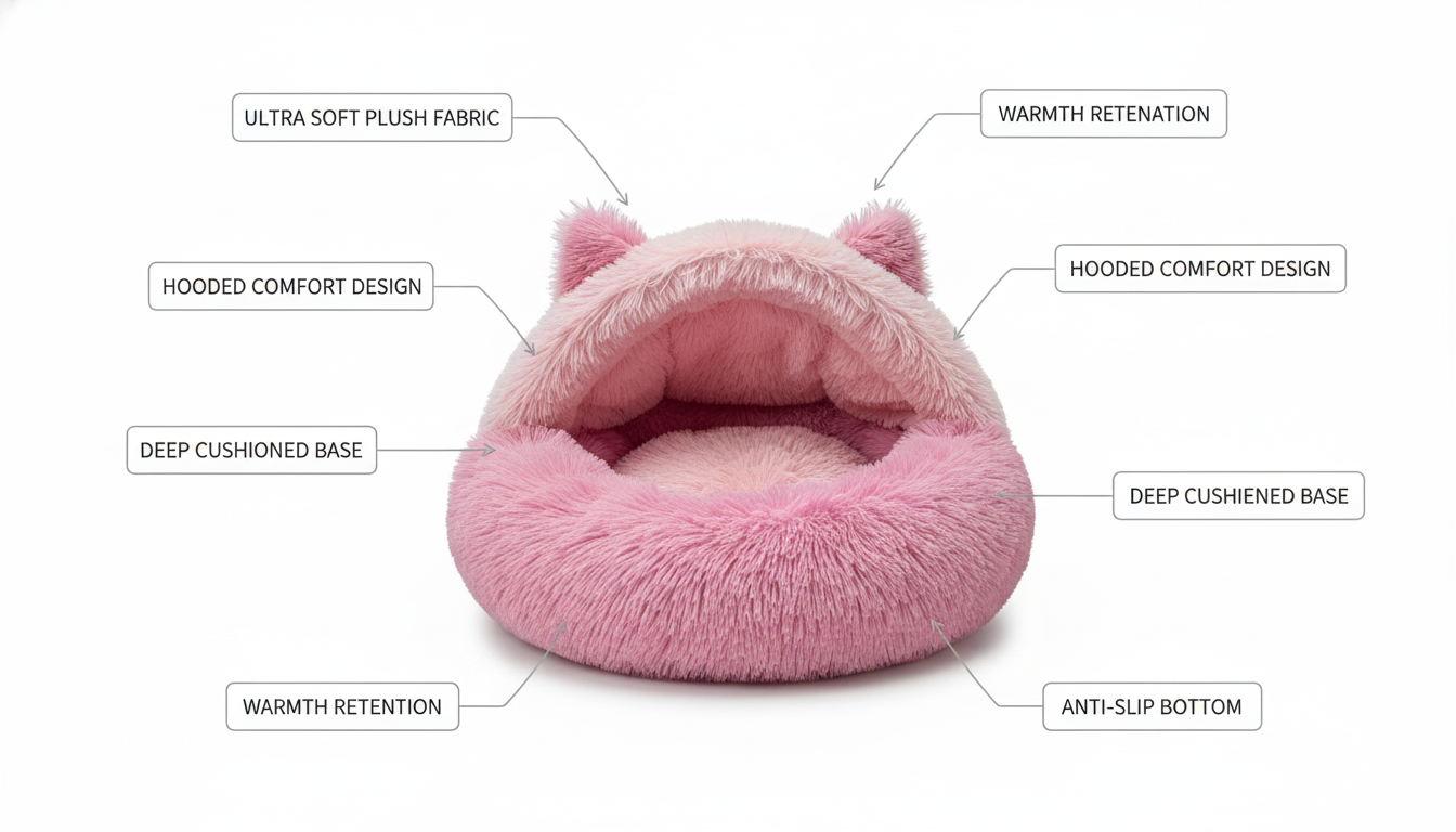 Soft Pink Plush Pet Bed Featuring Fluffy Interior and Cute Ears - Image 3