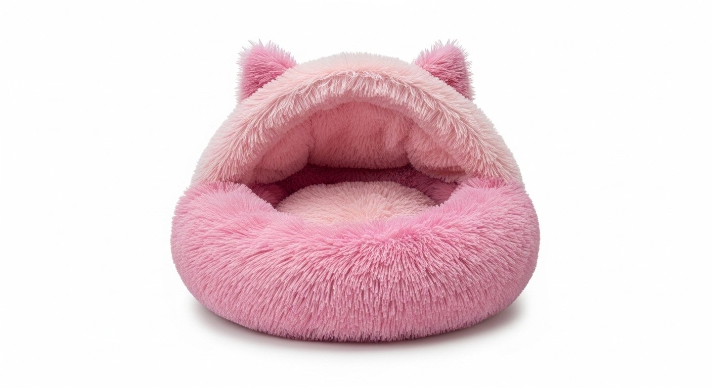 Soft Pink Plush Pet Bed Featuring Fluffy Interior and Cute Ears